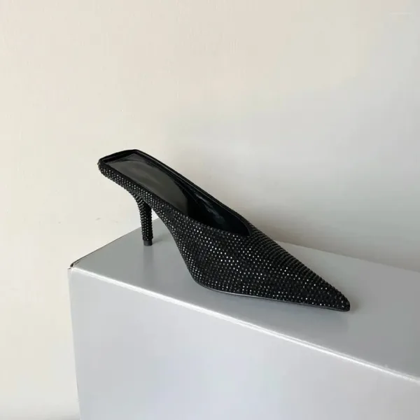 Scarpe eleganti Sandali a punta con strass neri Pantofole a spillo con diamanti Indossare all'esterno Muli con tacco alto in pelle Sandalias Mujer Verano