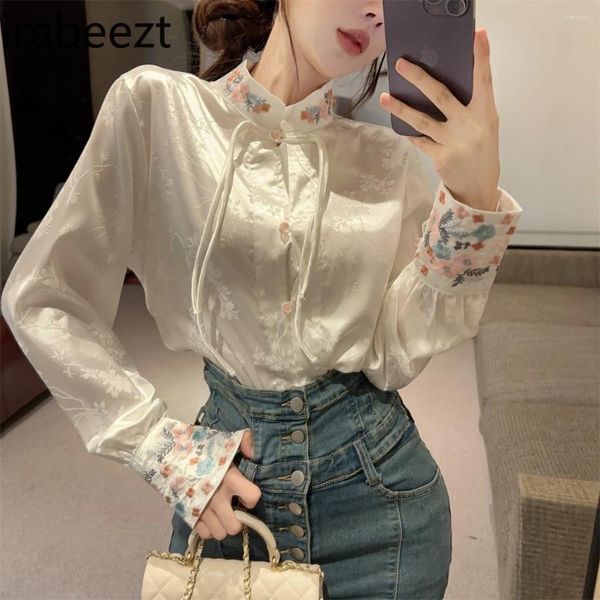 Kadın bluzları Çin tarzı küçük stand yaka nakış saten desen gömlek düğmesi bluz kadın bahar blusas feminas elegantes