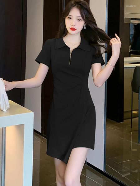 Parti elbiseleri yaz siyah kısa kollu zip polo yaka mini elbise kadınlar zarif gündelik kawaii 2024 Koreli katı şık dans