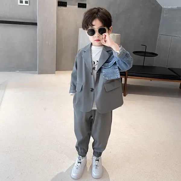 Kleidung Sets Jungen Kleine Anzug Set Jacke Hosen Zwei-stück Korea Mode Gespleißt Denim Ärmeln Kinder Frühling Herbst anzüge