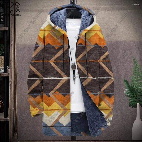 Casacos de Trench Masculinos 3D Impresso Colorido Tribal Retro Padrão Com Capuz Zíper Jaqueta Quente e À Prova de Frio Para Seu Próprio Inverno Casual Series-F4