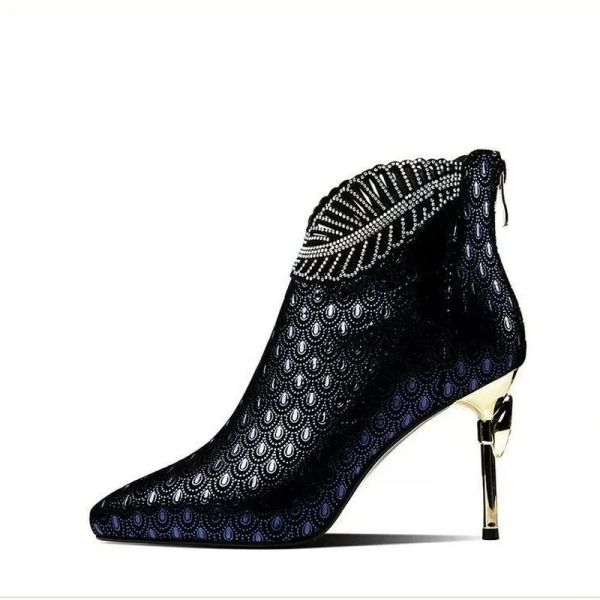 Stiefel Pfauenmuster geprägtes Lederspitze weibliche Knöchelstiefel Plattiersteine Strass des Frauen Herbst Winter High Heeled 2022 Blaue Schuhe