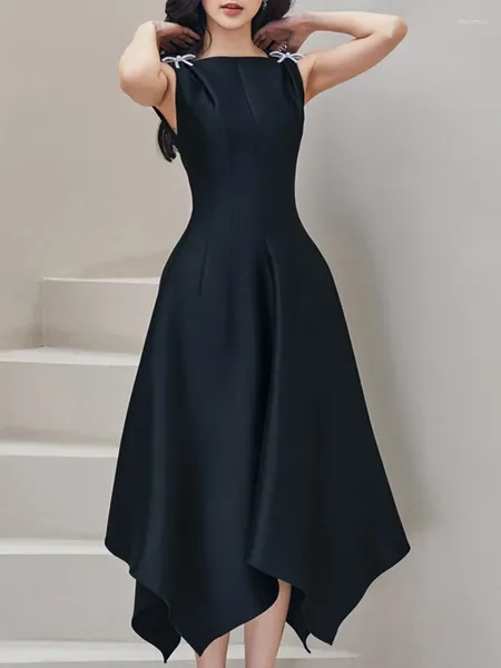 Vestidos casuais 2024 verão gola quadrada sem mangas cintura alta sólida retalhos bowknot midi elegante preto para mulheres