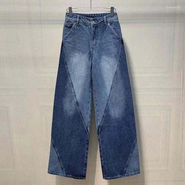 Damenjeans 2024, modisch, gewaschen, Retro-Stil, Spirale, geteilt, Farbblock, locker, gerades Bein, weit