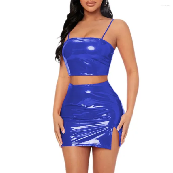 Abiti da lavoro Gonna in pelle PVC lucida Tute Tracolla sexy Senza maniche Top 2 pezzi Mini abito corto aderente Party Clubwear