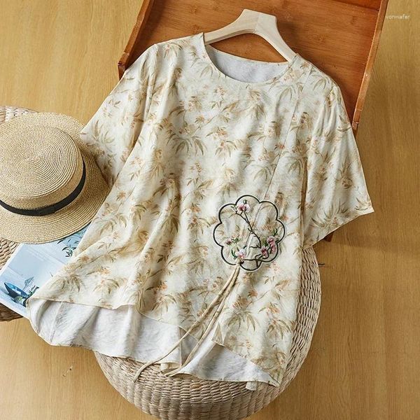 Mulheres Camisetas YCMYUNYAN-Mulheres Estilo Chinês Bordado Solto Tees Algodão Linho Roupas Vintage Impressões Verão Tops