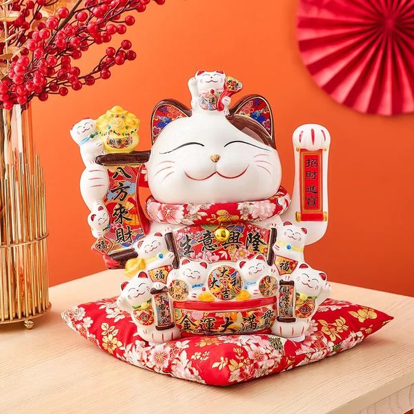 Keramik Maneki Neko Glückskatze Home Decor Winkende Hand Feng Shui Glücksstatue Kawaii Raumzubehör 240314