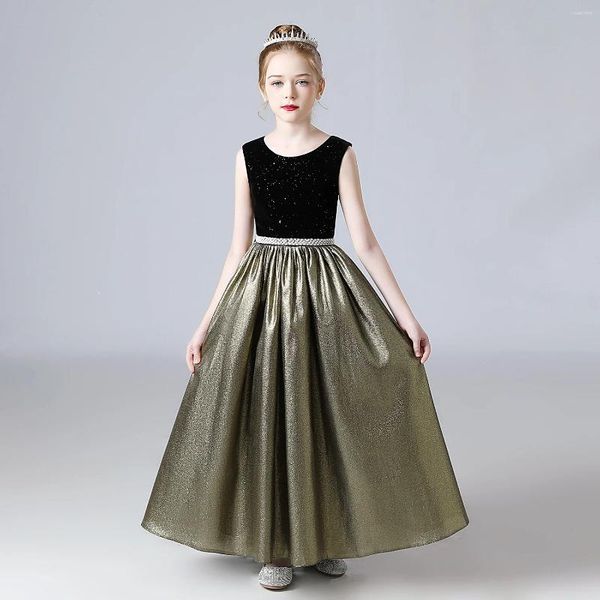 Mädchenkleider in Schwarz und Gold für Hochzeiten, Junior-Brautjungfer-Kleid, Mädchen-Festzugkleid, bodenlang, Abschlussball, Instrumentenaufführung