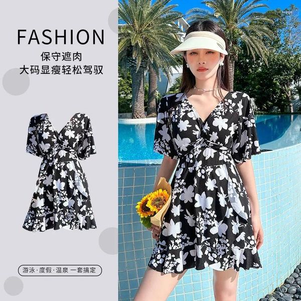 Roupa de banho feminina coreano plus size um pedaço maiô feminino saia floral impressão de manga curta com decote em v praia primavera terno verão