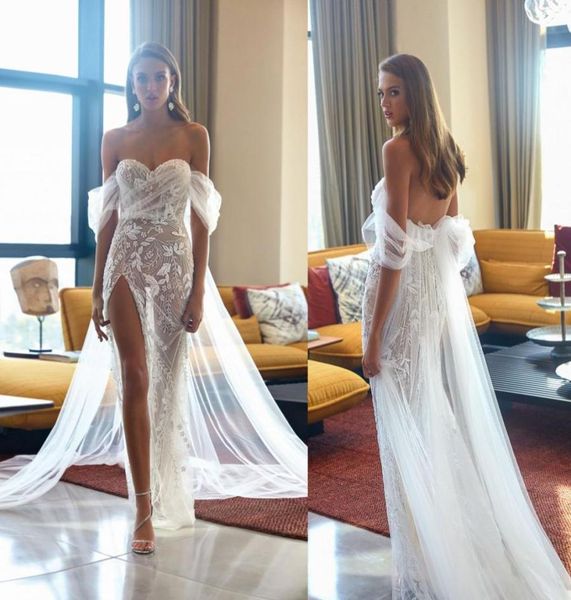 2020 Elihav Sasson Vestidos de casamento com fenda alta Beading Illusion Sexy Sereia Vestido de casamento fora do ombro Vestidos de casamento de praia D7063707