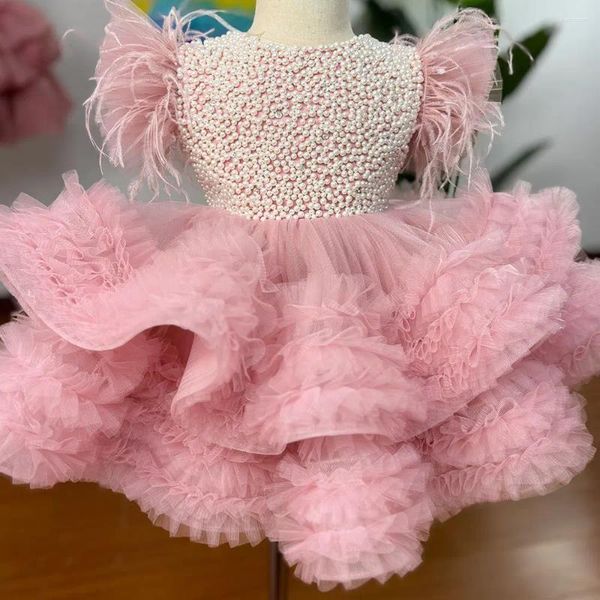 Mädchenkleider Rosa geschichtetes Tüll-Blumenkleid für die Hochzeit Puffy mit Perlen Baby Kinder Geburtstag Party Ball Erstkommunion Kleider