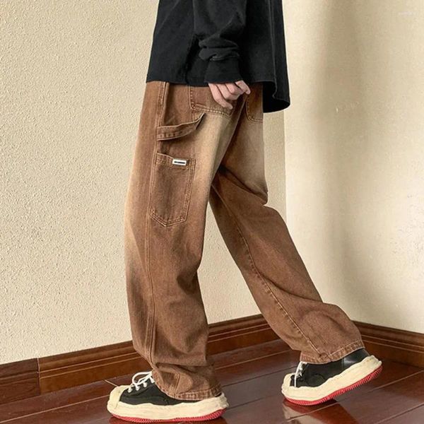 Schmeichelhafte Herren-Jeans mit geradem Bein, Sommer-Cargo-Denim-Hose mit geradem Bein und Kordelzug an der Taille, mehreren Taschen