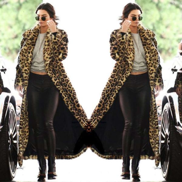 Casaco de pele com estampa de leopardo para mulheres outono e inverno novo grosso quente oversized com capuz longo falso