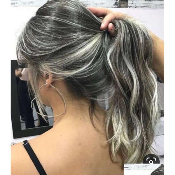 Rabos de cavalo Diva longo cinza ondulado cabelo humano rabo de cavalo peruca dstring cinza mulheres rabo de cavalo extensão sal e pimenta destaques naturais dhoze