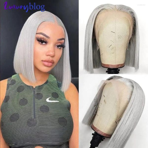 Graue menschliche Haar-Bob-Perücken, kurze gerade 13x4-Spitze-Front-farbige Perücke, vorgezupft, brasilianisches Remy-Frontal für Frauen