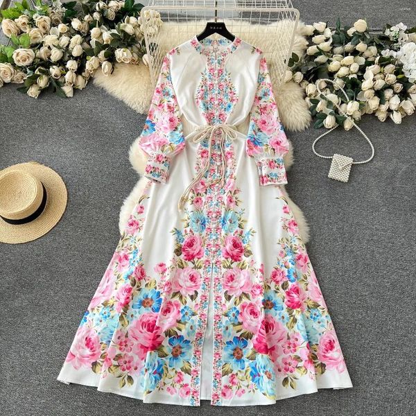 Vestidos casuais moda runway branco azul verde vestido longo mulheres stand lanterna manga único breasted floral impressão lace up boho vestidos 6232