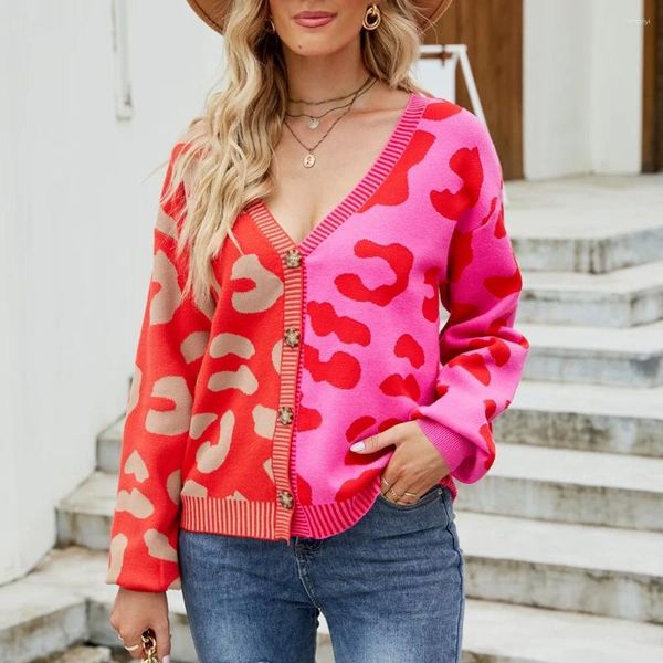 Mulheres malhas leopardo jumper de malha de algodão mulheres camisola cashmere sexy v pescoço cardigan botão lã baggy com nervuras manga longa casual quente