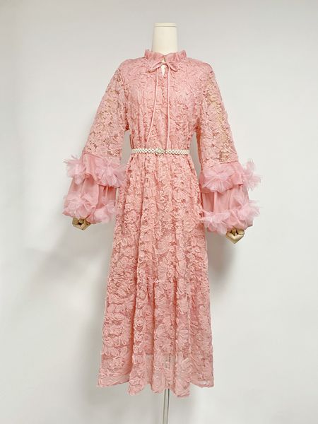 Vestido rosa de alta costura francês para mulheres 2024 Primavera nova saia tridimensional de malha floral temperamento longa saia de tubo reto solto