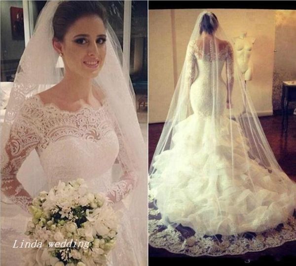 2019 lindos vestidos de casamento da Arábia Saudita romântico sereia rendas mangas compridas sonho princesa vestidos de festa de noiva 5452535
