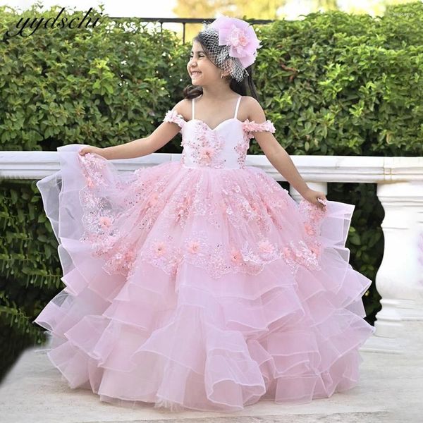 Abiti da ragazza Puffy Pink Princess Ball Gown Flower Dress For Wedding 2024 Sweetheart Appliques in pizzo Festa di compleanno Abiti da prima comunione