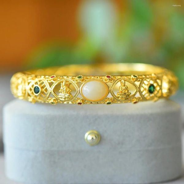 Bracciale rigido con pietre preziose naturali di giada Hetian, braccialetto con ciondoli da donna, placcato in oro di lusso