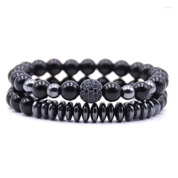 Strand ncrorcn 2 pc/set micro pave cz 10mm bola de discoteca encantos pulseiras para mulher 8mm preto fosco pedra pulseira masculino jóias bileklik