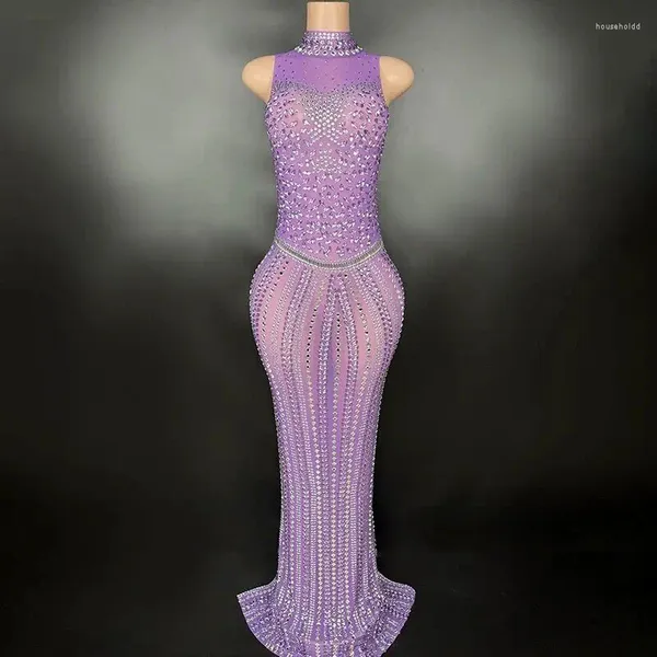 Casual Kleider Violette Farbe Luxus Diamanten Sexy Transparent Mesh Kleid Feiern Geburtstag Abend Party Sänger Bühne Performance Tragen