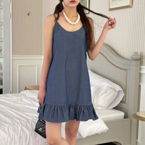 Casual Kleider Denim Lose Rüschen Ärmellose Slip Weste frauen Kurzes Kleid 2024 Sommer Schatz Nette Mädchen Mode Urlaub Koreanische outflit