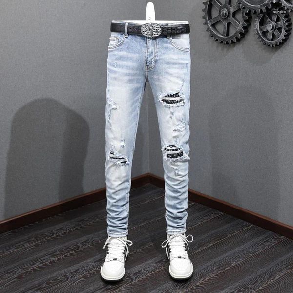 Jeans masculinos rua moda homens retro luz azul elástico magro rasgado estiramento calças remendadas designer hip hop marca calças