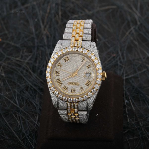 Moissanite Diamond Mens 41mm Dial Watch Branco e Amarelo Banhado A Ouro Aço Inoxidável Presente Perfeito