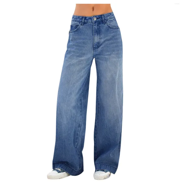 Pantaloni da donna a vita alta gamba larga per jeans da donna tasca leggings casual solidi pantaloni larghi fondo a campana femminile