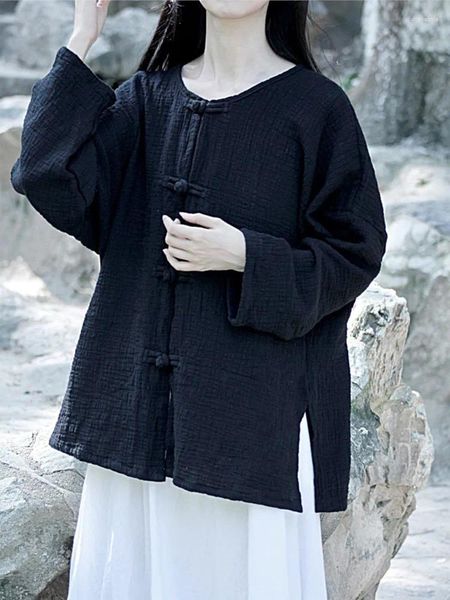 Kadın bluzları Johnature 2024 Sonbahar Kadın Vintage Linen Çin tarzı Uzun Kollu Gömlek