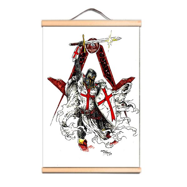 Vintage Massonico Cavalieri Templari Scorrimento Pittura Appeso a Parete Decor Disegno - Le Crociate Armatura Guerriero Stampa artistica su tela Poster da parete Banner LZ01