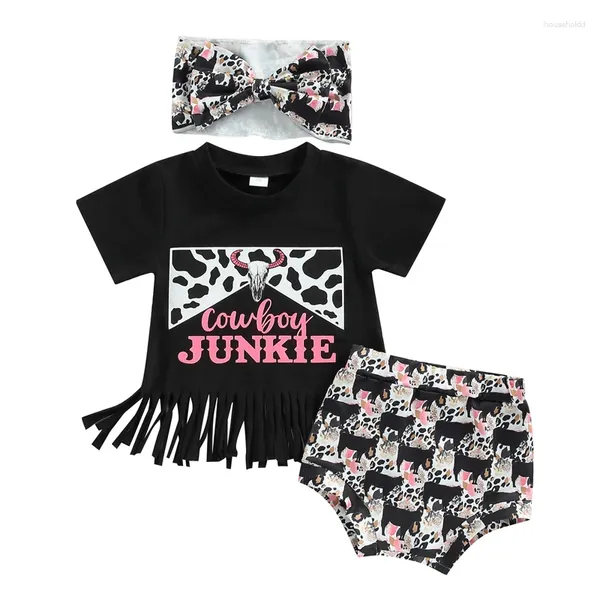 Set di abbigliamento Vestiti occidentali per bambina Lettera per bambini T-shirt a maniche corte con nappa Pantaloncini da mucca Fascia per capelli Abito estivo da cowgirl