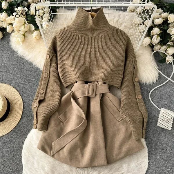 Herbst Winter Sanfte Stil Frauen Einfarbig Koreanische Mode Temperament Kurze Pullover Weste Anzug Rock Zweiteilige Set 240312