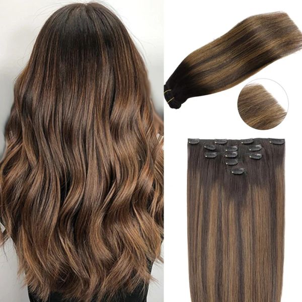 Extensões clipe em extensões de cabelo humano reto natural marrom marrom ombre balayage peças de cabelo preto para mulheres clipin cabeça cheia de cabeça