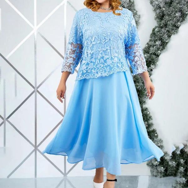 Vestidos casuais plus size vestido longo chiffon bordado elegante renda maxi com bordado de flores três quartos mangas o pescoço