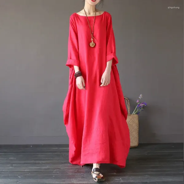 Vestidos casuais primavera verão vintage irregular tamanho grande vestido mulheres sólida solta algodão linho senhoras longo maxi robe vestido