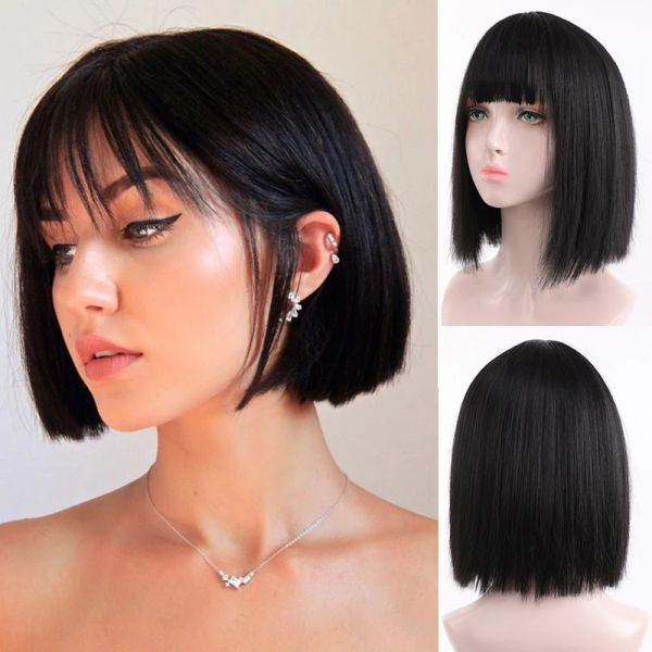 Wigs talang synthetic Short Bob Straight Perücken mit Pony for Women Black Pink Perücke für Party täglich nutzen schulterlange cosplay lolita