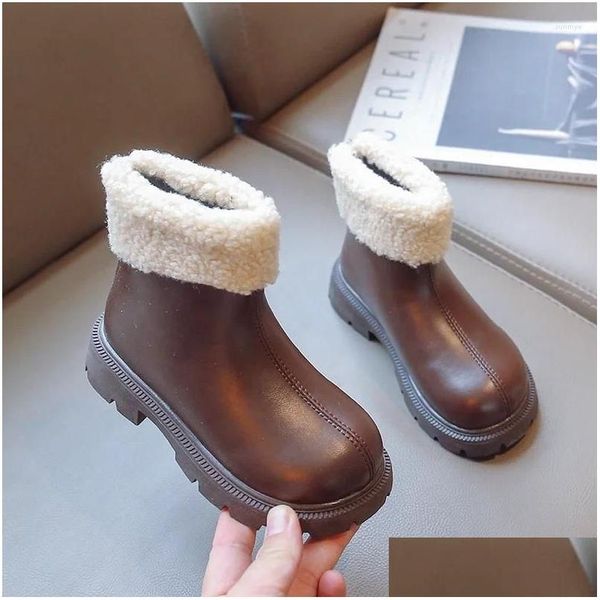 Stiefel Lederschuhe für Kinder Mädchen Winter Hohe Tops Stil Outdoor Schnee Knöchel Einfache Mode Silp-On Plus Baumwolle Warm Halten Drop Liefern Otaej