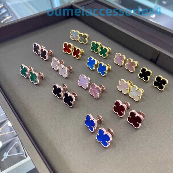 Designer Luxusmarke Schmuck Vanl Cleefl Arpelsstud Ohrringe Vierblättriges Gras Mädchen Muschel Laser Jade Chalcedon Ende Mode Niedliche Ohrringe