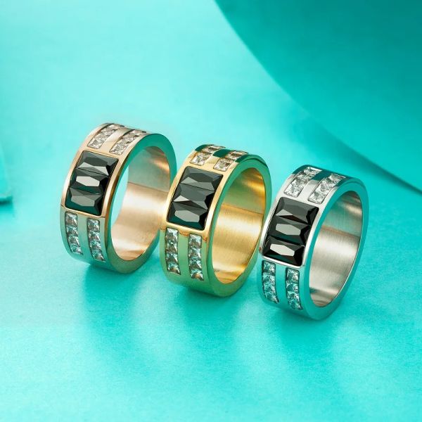 Luxo dupla camada cz anéis de cristal 14k ouro amarelo grande preto geométrico pedra quadrada para mulheres homens casal festa de casamento jóias