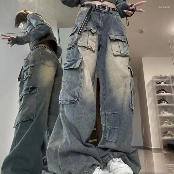 Jeans da donna Donna 2024 Pantaloni cargo a gamba larga con design multitasche alla moda Lavabili a vita alta in denim femminile Y2k Baggy