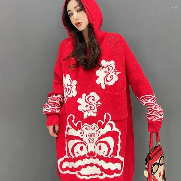 Sıradan Elbiseler Desen Baskı Kapşonlu Kazak Kadınlar Bahar Sonbahar Örme Elbise Artı Boyut Gevşek Vestido de Mujer