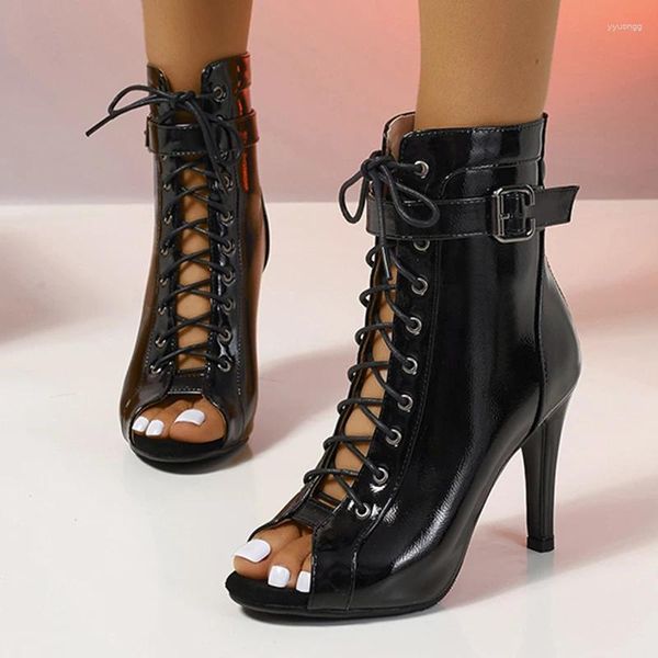 Sapatos de vestido mulheres saltos altos tornozelo botas frias outono rendas dedo do pé aberto sandálias bombas goth 2024 festa punk designer zapatos mujer