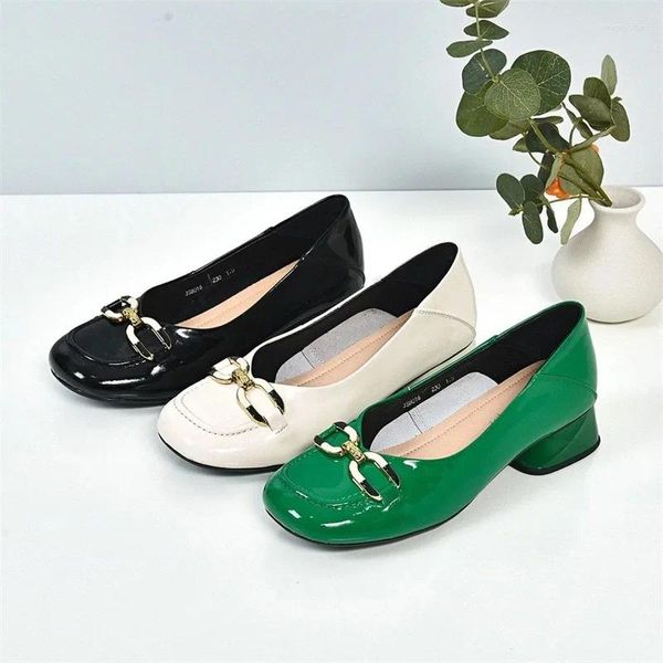 Scarpe eleganti da donna punta tonda classica in vernice verde primavera estate slip on décolleté con tacco quadrato Lady Fashion nero alto E1084