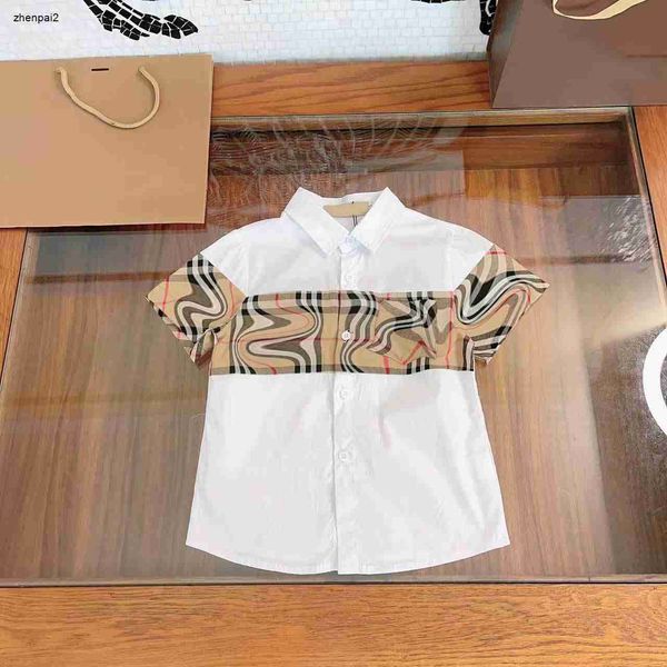 Luxo crianças roupas de grife verificador emenda design camisa do bebê tamanho 110-160 cm de alta qualidade manga curta meninas meninos blusas 24mar