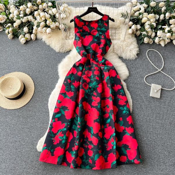 Lässige Kleider Französisch Chic Hohe Taille Ärmelloses Süßes Kleid Vintage Party Rose Blumendruck Tank Eine Linie Damen Vestidos Drop