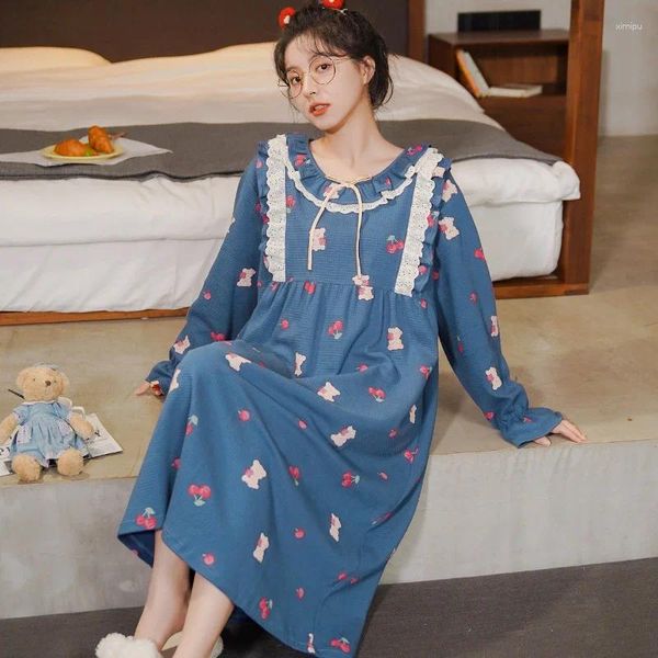 Mulheres sleepwear mulheres pijamas algodão elegante sleepshirts kawaii waffle outono inverno plus size 3xl 4xl nighties senhora confortável camisolas