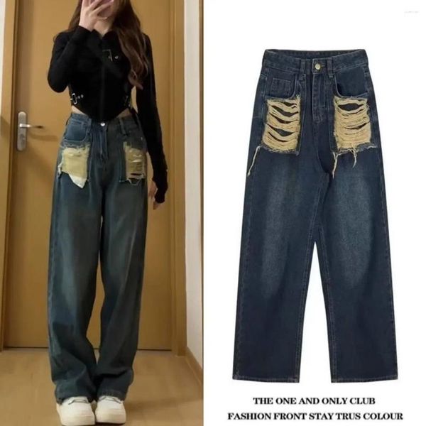 Jeans femininos estilo retro americano solto hip-hop rua pernas largas moda reta calças de cintura alta